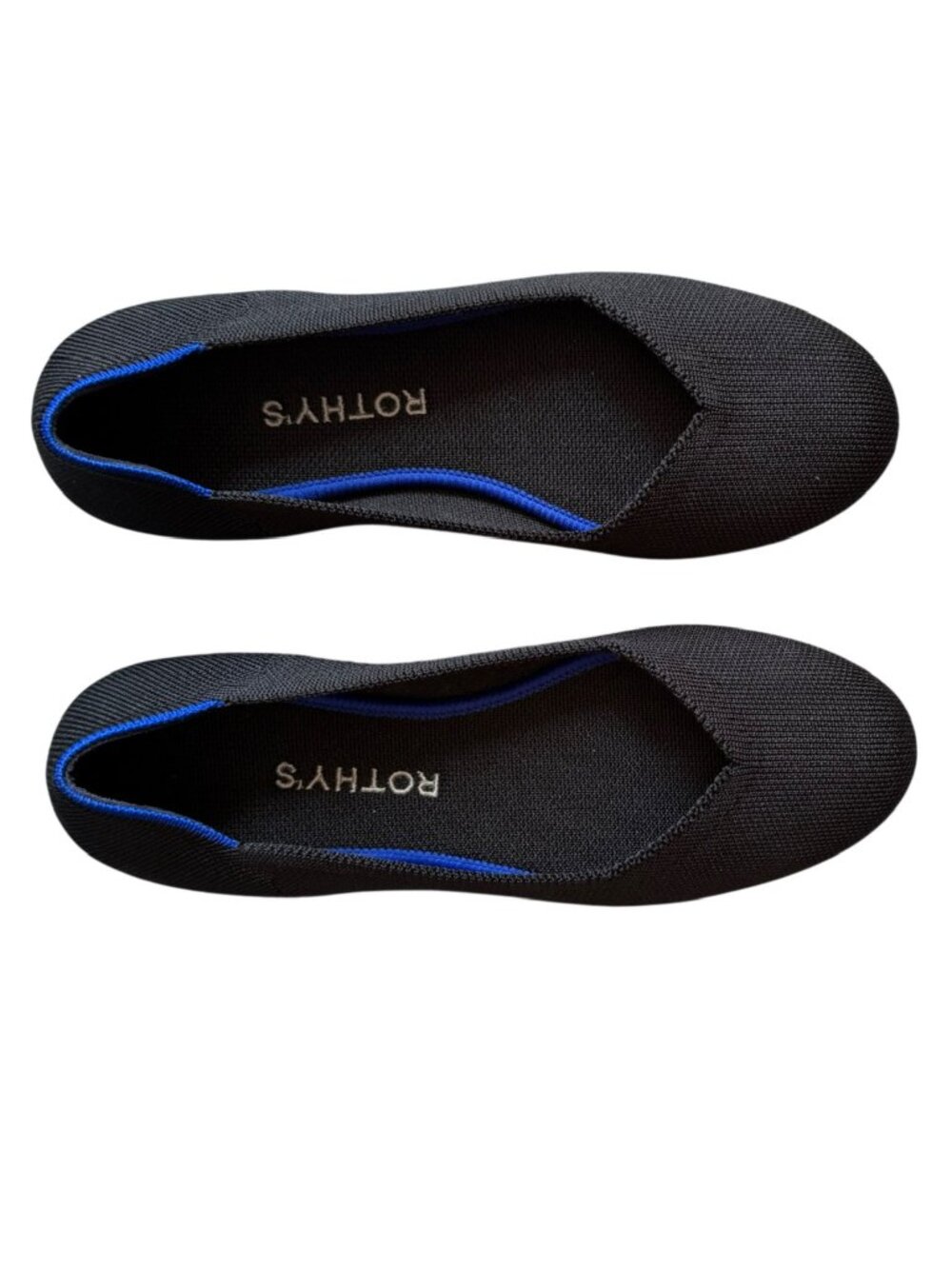 Rothy's The Flat Black Knit Ballet Flats Blue Halo Trim Washable 7 Excellent!